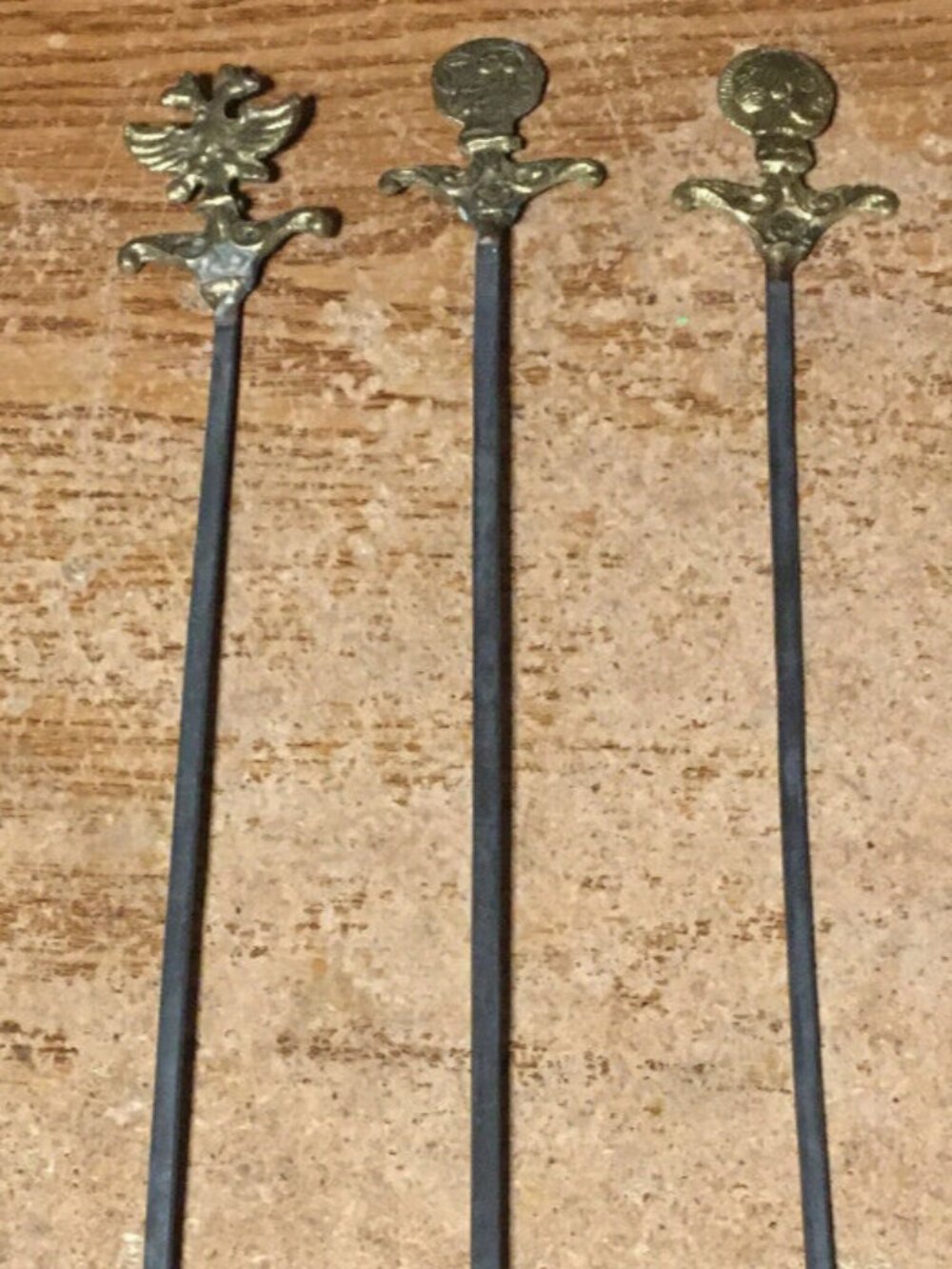 LOT OF 3 VINTAGE BBQ ORNATE ROASTING GILL SKEWERS BRASS HANDLE ATHENA OWL